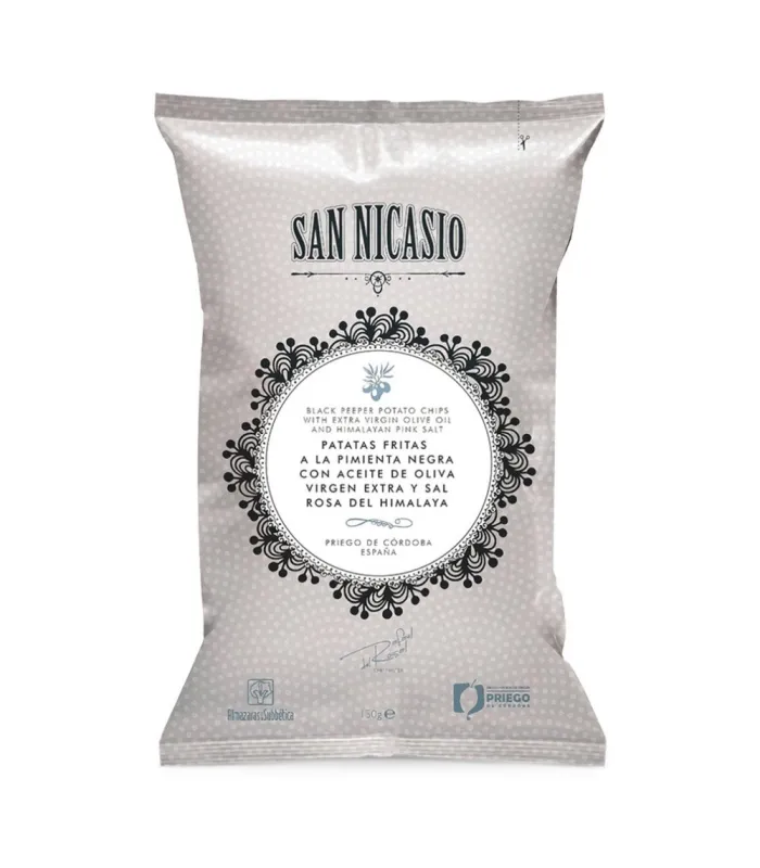 Spanische Kartoffelchips mit schwarzem Pfeffer, Olivenöl und Himalayasalz San Nicasio 150 gr