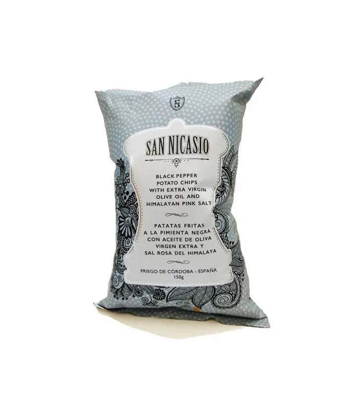 Spanische Kartoffelchips mit schwarzem Pfeffer, Olivenöl und Himalayasalz San Nicasio 150 gr